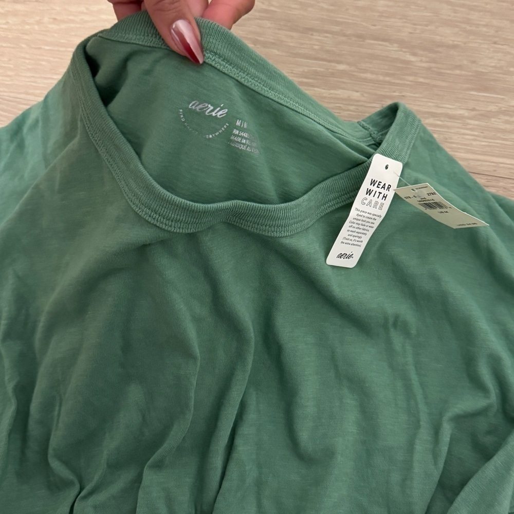 Aerie Green Cotton Knit Cropped Tie Front Crew Neck Short Sleeve Top M - Picture 2 of 4